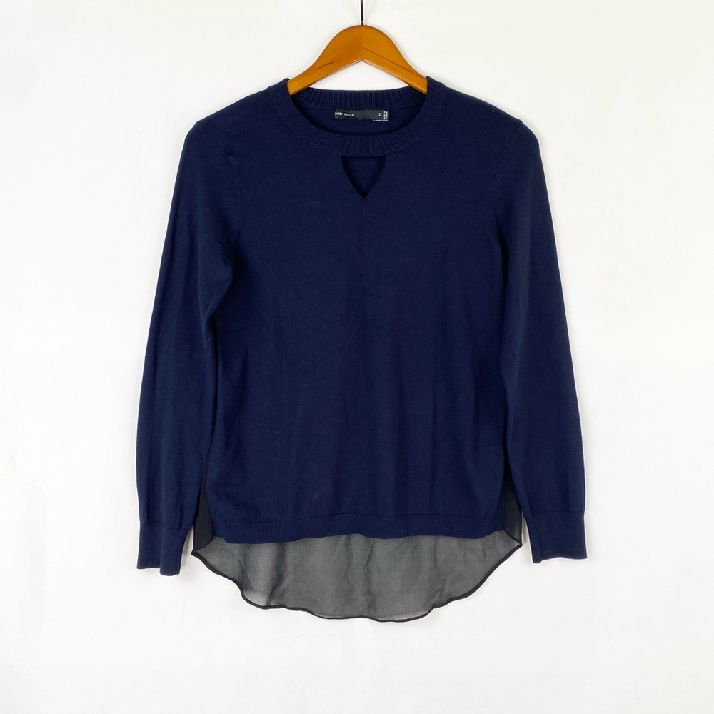 Karen Millen Keyhole Crewneck Long Sleeve Sweater Size 2 Stretch Navy